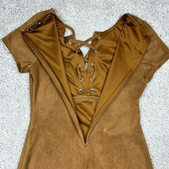 Express Dress Womens 2 Lace Up Neck Faux Suede Camel Mini Western Country Party - Picture 7 of 8